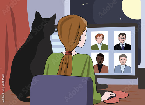 girl and cat watching on-line dating site