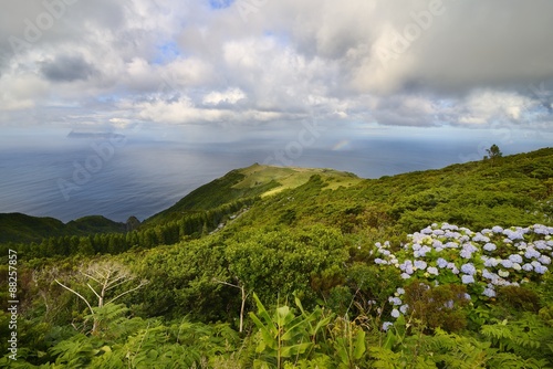 Ponta Ruiva (Flores island) and Corvo island in the distance, Azores, Portugal