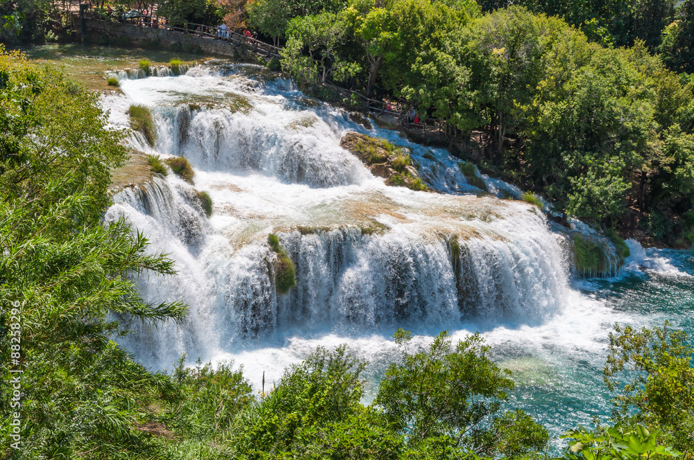 A beautiful waterfall Skradinski Buk on a sunny day. View from a A beautiful waterfall Skradinski Buk on a sunny day. View from a