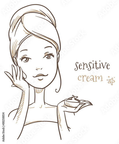 Beautyful woman, appyling cream to her face before makeup, cometic, spa treatment. Hand drawn vector illustration