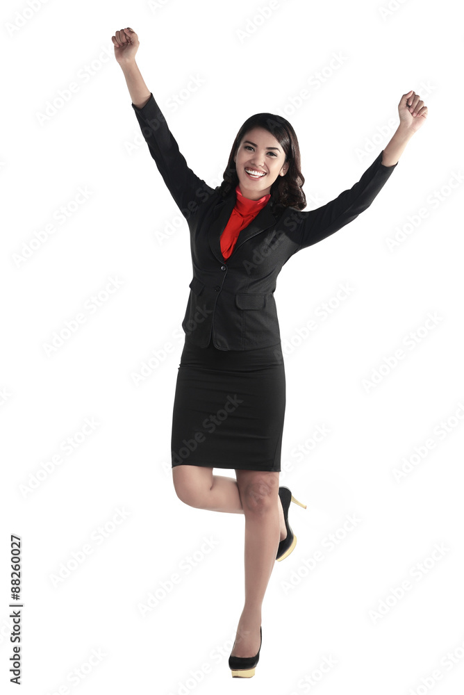 Business woman raise her hand and smile