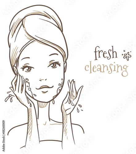 Beautyful woman, washing her face before makeup, cometic, spa treatment. Hand drawn vector illustration