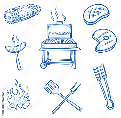 Set of barbecue icons: sweet corn, fire, saussage, steak, meat, grill, turner. Hand drawn doodle vector illustration.
