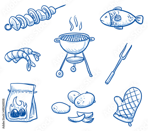 Set of barbecue icons: meat skewer, fish, grill, coals, shrips, potatoes, fork, oven glove. Hand drawn doodle vector illustration.