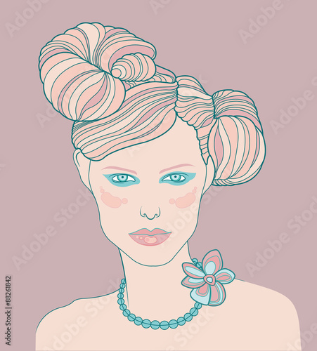 Illustration of female head with glamourous hairstyle.