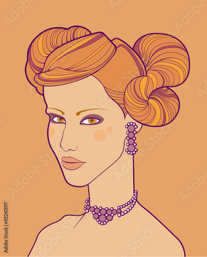 Illustration of female head with glamourous hairstyle.