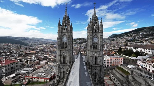 View of the two spires of the basilica in Quito, Ecuador