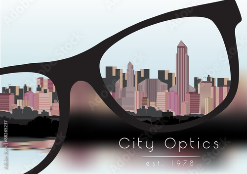 Out of Focus Business Building City with Sky and with Glasses that Correct the Vision - Vector Illustration