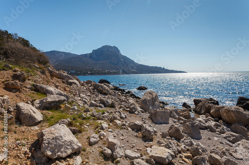 Rocky beach at day. Bay of Laspi. Crimea. Ukraine photo