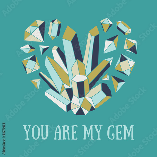 Hand-drawn vector illustration with crystal heart. Bright romantic card.