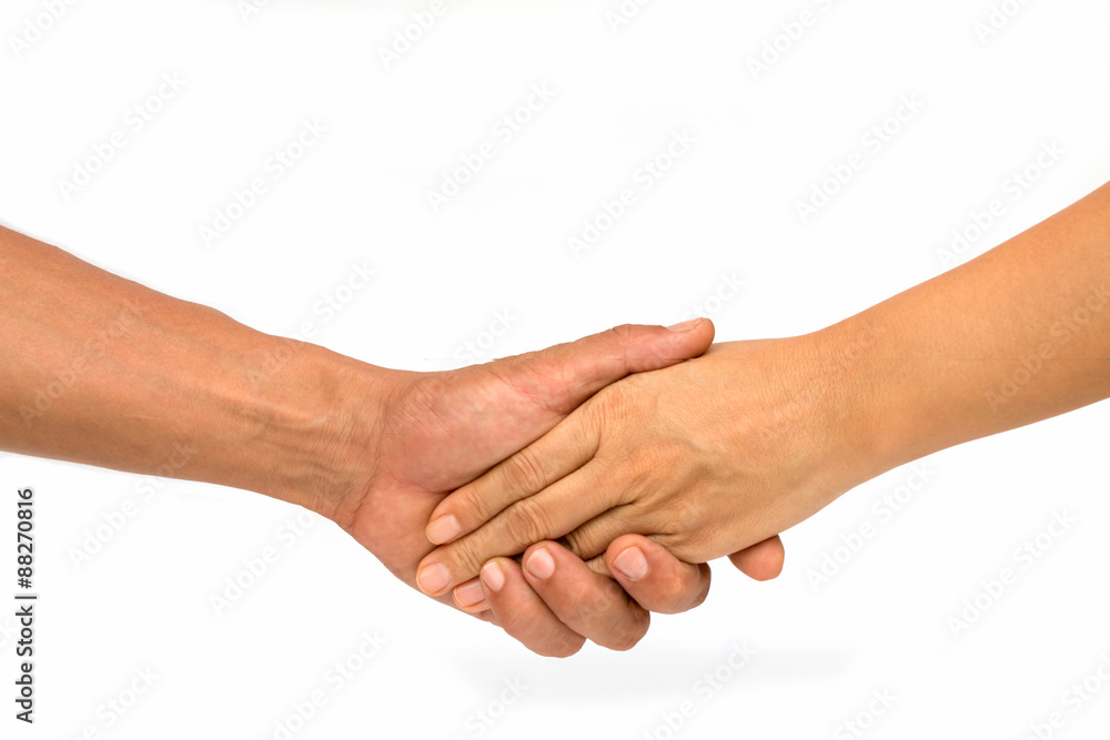 Girl clasp hand in isolated background.