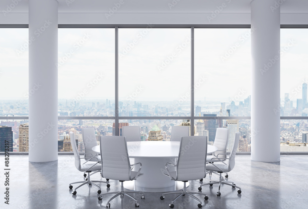 Panoramic conference room in modern office, New York city view. White chairs and a white round table. 3D rendering. Panoramic conference room in modern office, New York city view. White chairs and a white round table. 3D rendering.