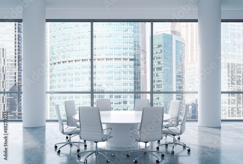 Panoramic conference room in modern office  Moscow International Business Center view. White chairs and a white round table. 3D rendering.