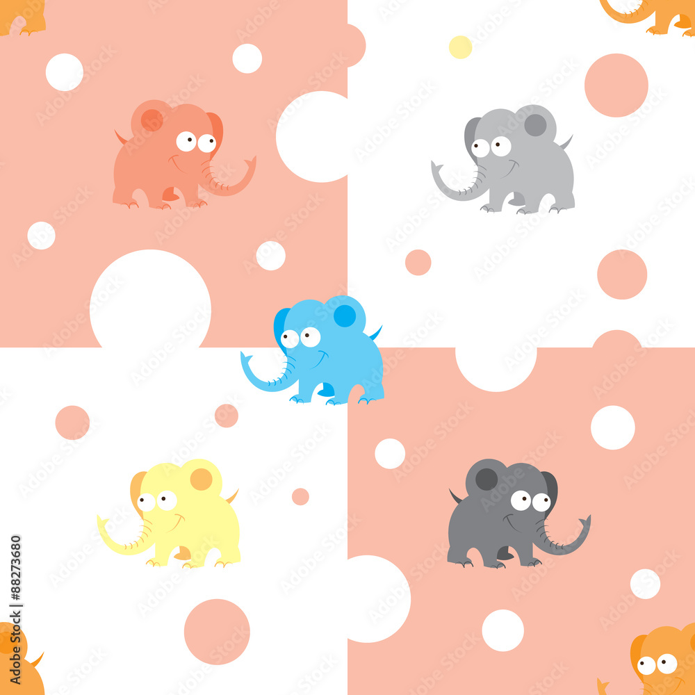 Seamless pattern with cute cartoon elephants and hearts on checkered  background.