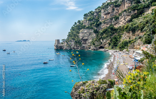 Landscape of beach in Positano village at Amalfi Coast.