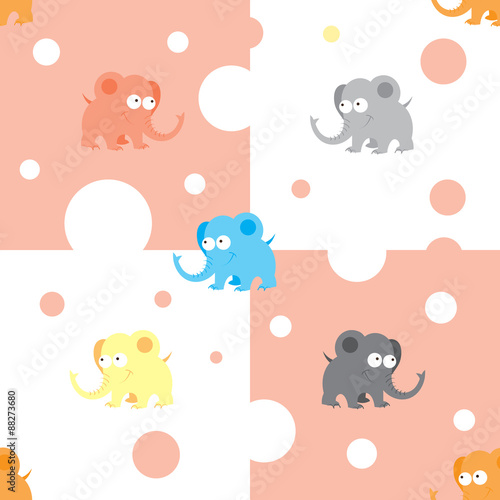Seamless pattern with cute cartoon elephants and hearts on checkered  background.