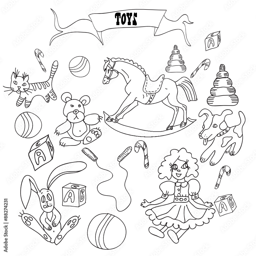 Naklejka premium Hand drawn sketch set with toys.