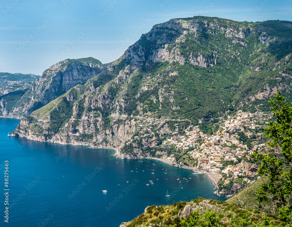 View of Amalfi Coast from Positano to isle of Capri.