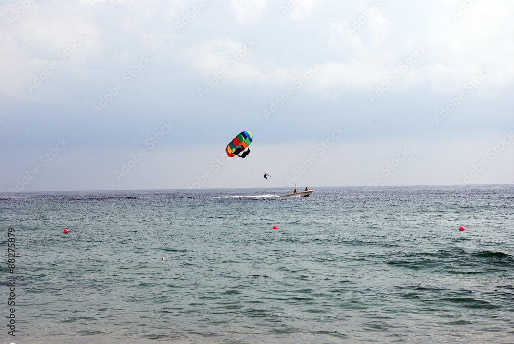 Other entertainment on the beach resort. Skating on a motorboat or jet ski. Marine collective walk. Flying on a parachute over the water. Swimming on a sailing boat. 

