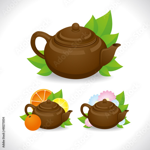 Flower, green and citrus tea with brown teapot. Vector illustrat