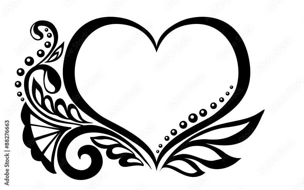 black-and-white symbol of a heart with floral design and butterfly.