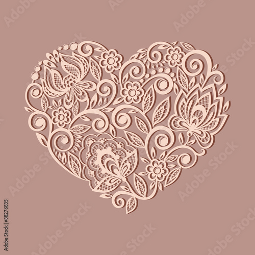 silhouette of the heart symbol decorated with floral pattern, a design element in the old style.