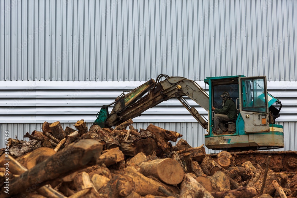 Fototapeta premium Worker operate truck timber grab for transport and loading