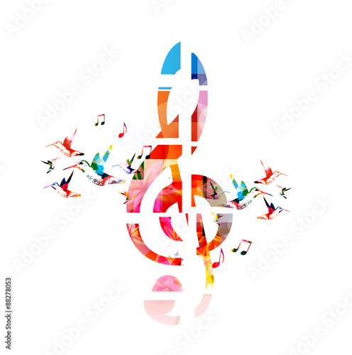 Colorful G-clef design with hummingbirds