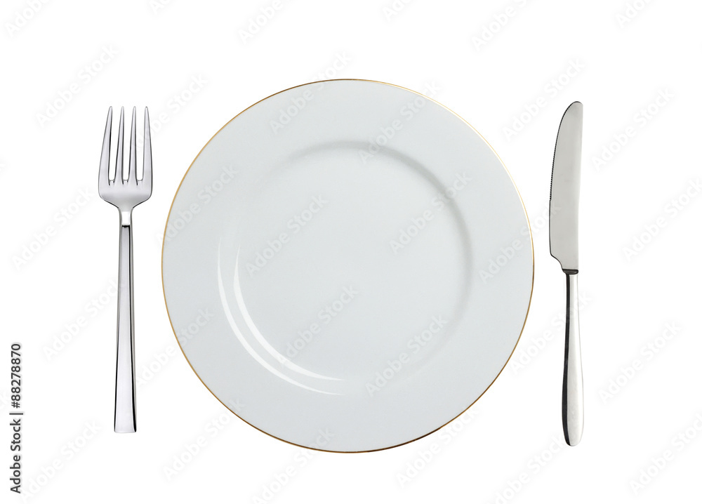 white plate, spoon and fork isolated on white white plate, spoon and fork isolated on white