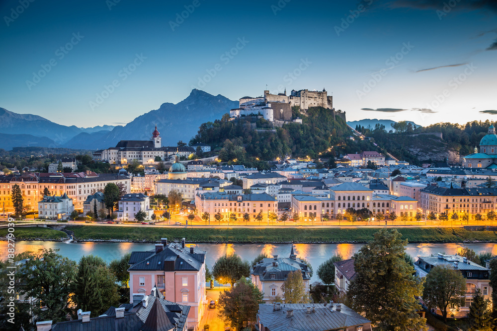 Historic city of Salzburg at dusk, Salzburger Land, Austria