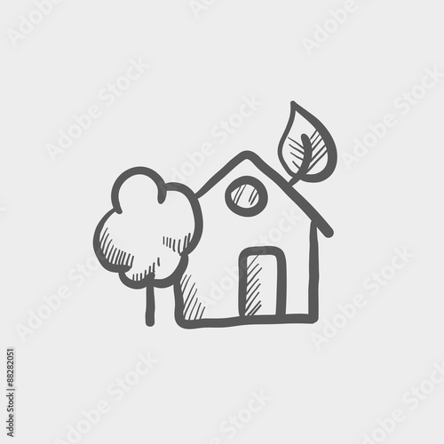 House with leave and tree sketch icon