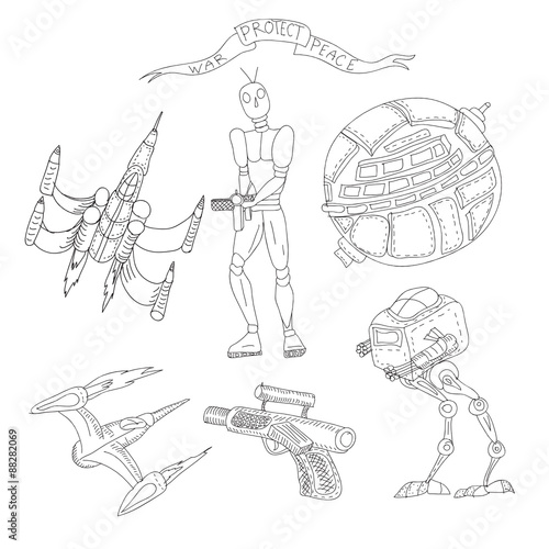 Hand drawn science fiction set with robot, space craft, weapon.