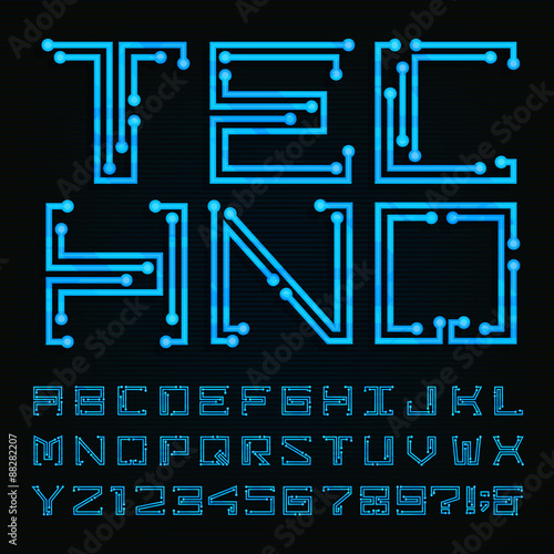 Techno type font. Vector Alphabet.
Digital hi-tech style letters, numbers and symbols on a dark background. Stock vector for your headlines, posters etc.