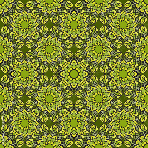 Beautiful vector Print Seamless Pattern. Yellow Mandala Flowers with green background.