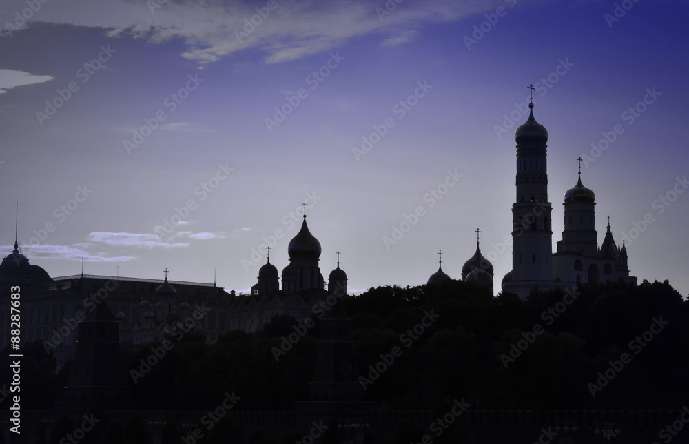 Silhouette of churches of the Moscow kremlin in the evening
