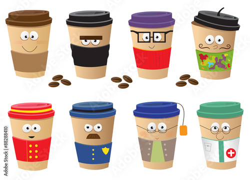 Coffee Cups Characters - Cute vector set of 8 coffee cups characters. Eps10