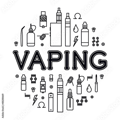 Vaping icons set. Vector illustration of vaporizer and accessories. 