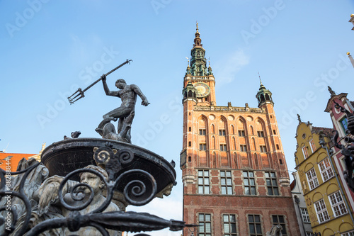 Canvastavla Fountain of the Neptune in old town of Gdansk, Poland