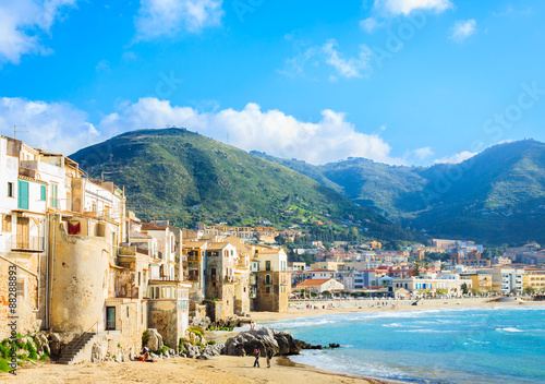 View of beach town Cefalu in Sicily, Italy