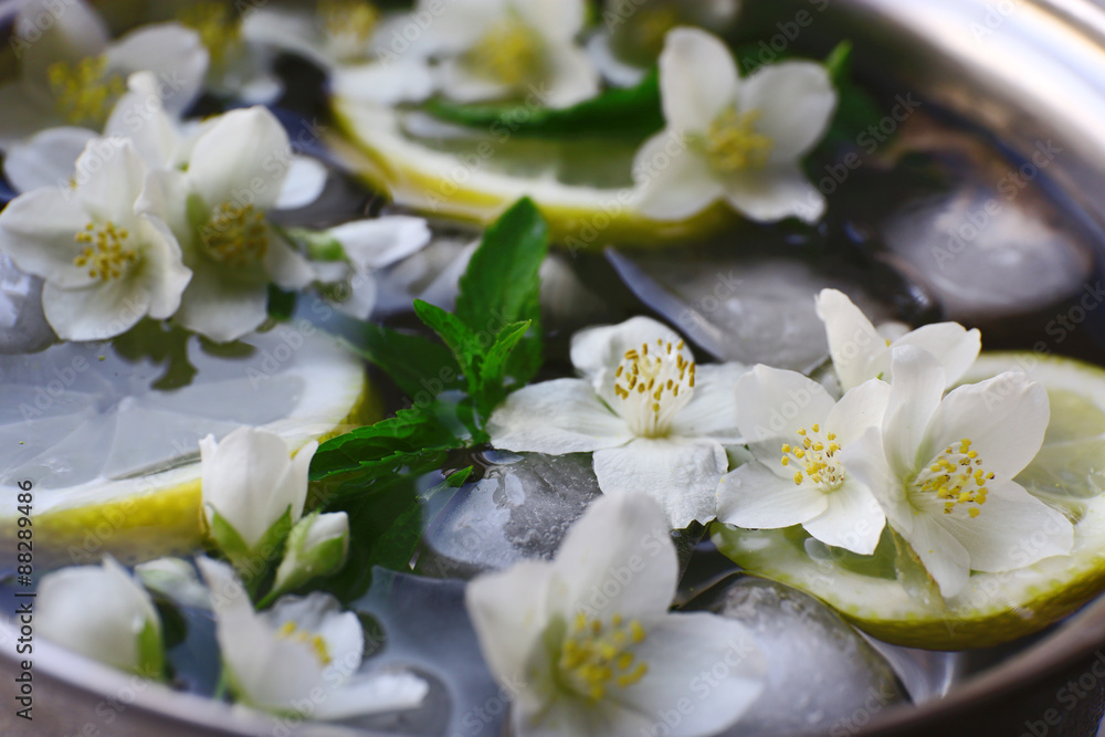Fototapeta premium Cold refreshing summer drink with mint and slices of lemon in pan close up