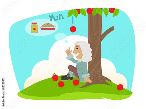 Isaac Applesauce - Funny cartoon of Isaac Newton sits under an apple tree, and gets ideas about making applesauce and apple pie. Eps10