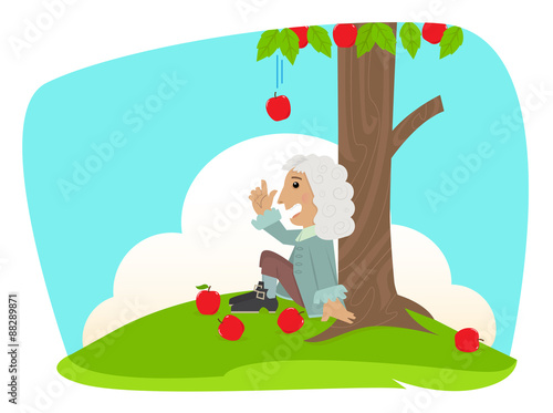 Isaac Newton - Cute Isaac Newton is sitting under an apple tree and getting idea about the universal law of gravitation. Eps10