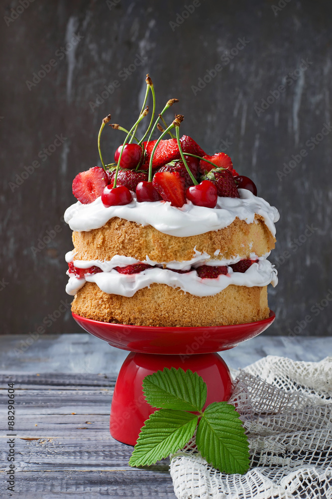 Summer cake with strawberry and cherry Summer cake with strawberry and cherry