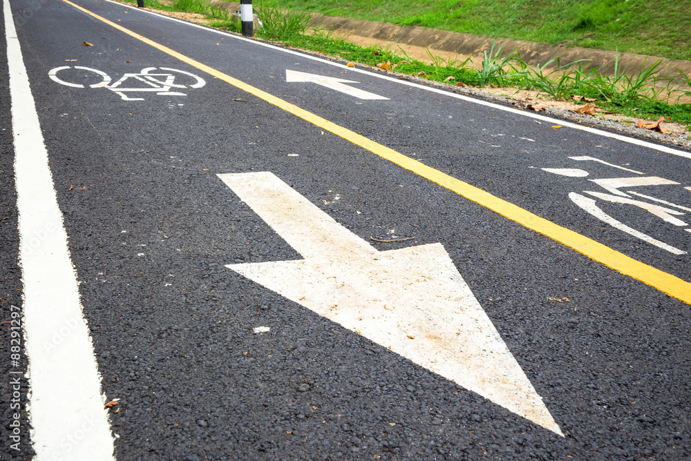 Bicycle road sign on asphalt.