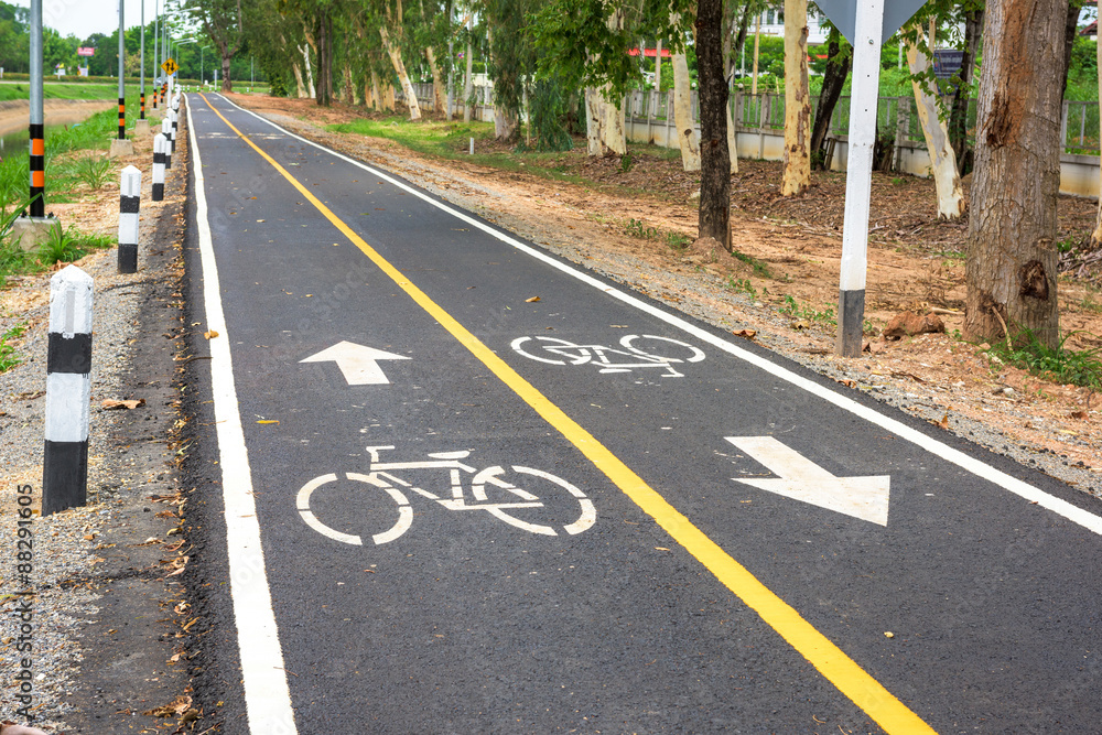 Fototapeta premium Bicycle road sign on asphalt.