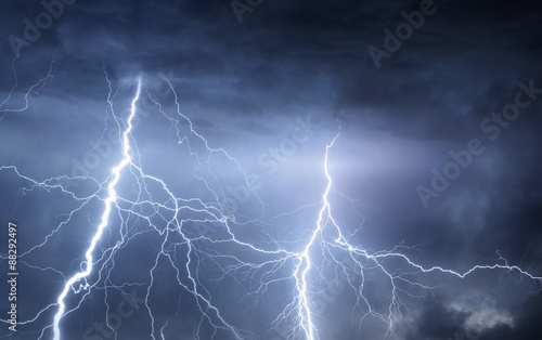 Thunder, lightnings and rain on stormy summer night