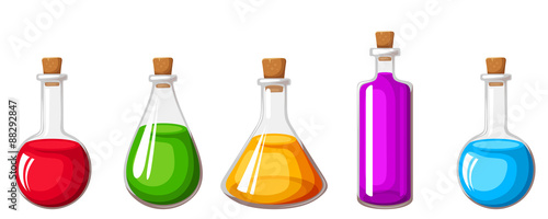 Set of flasks with colorful liquids. Vector illustration.