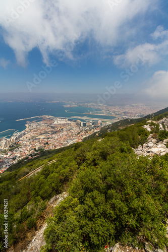 View of the sea/ocean and city of Gibraltar from the top of the rock 