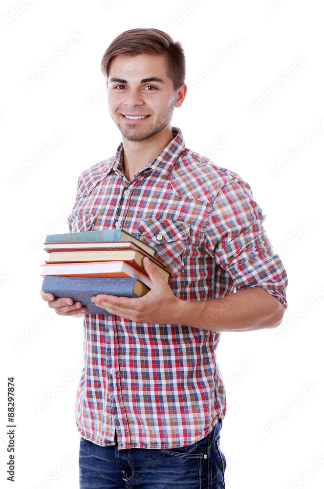 Young man with books on white background