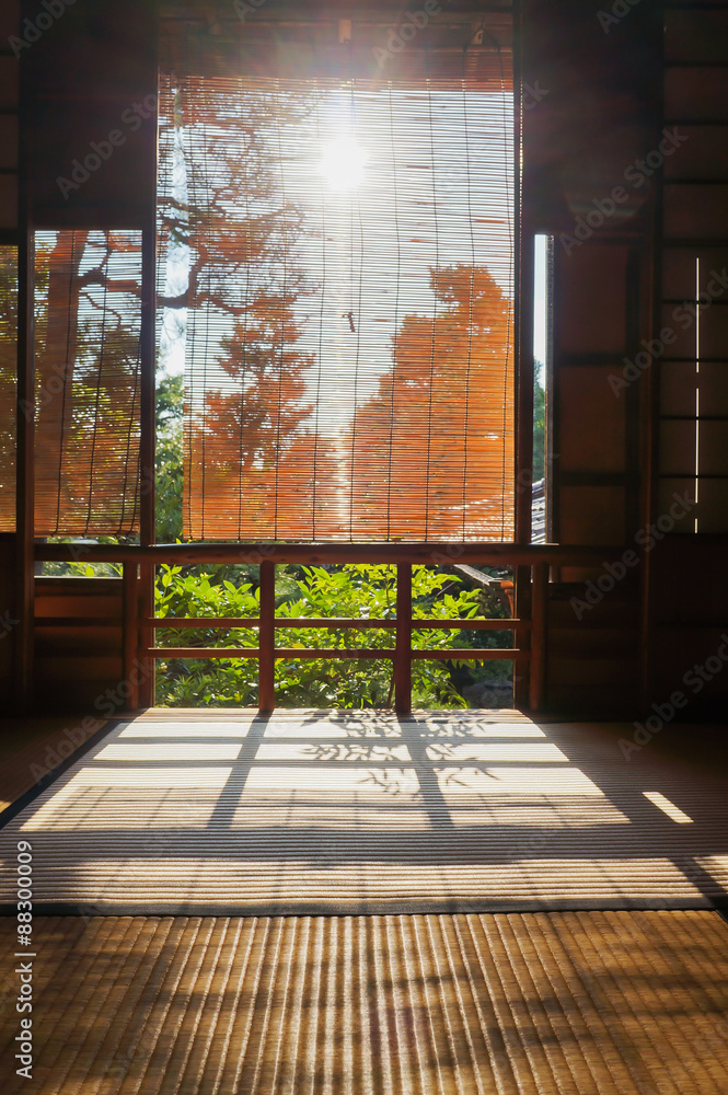 Fototapeta premium silhouette photo of windows frame in old Japanese style house with direct sun